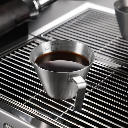 Espresso Cup with Handle, Stainless Steel Espresso Accessories, Double Spout Metal Measuring Cup with Dual Scale, Espresso Shot Pitcher with V-Shaped Mouth, 3.4OZ/100ML