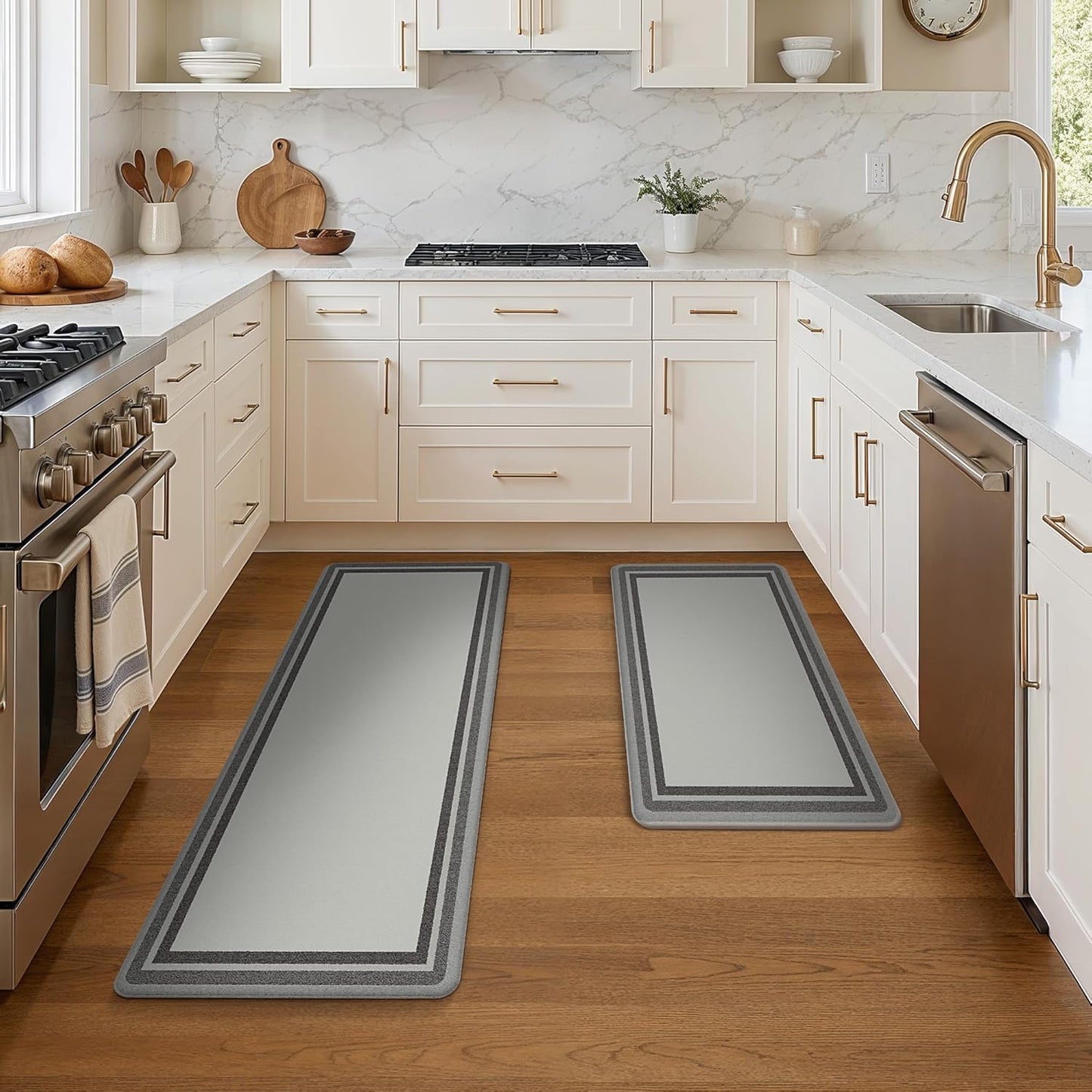 Kitchen Mats for Floor 2 PCS Cushioned Anti-Fatigue, Geometric Waterproof Kitchen Rugs Non Slip Washable, Comfort Standing Mat Rug for Kitchen, Office, Laundry, Lightgrey, 17"X 47"+17"X 30"