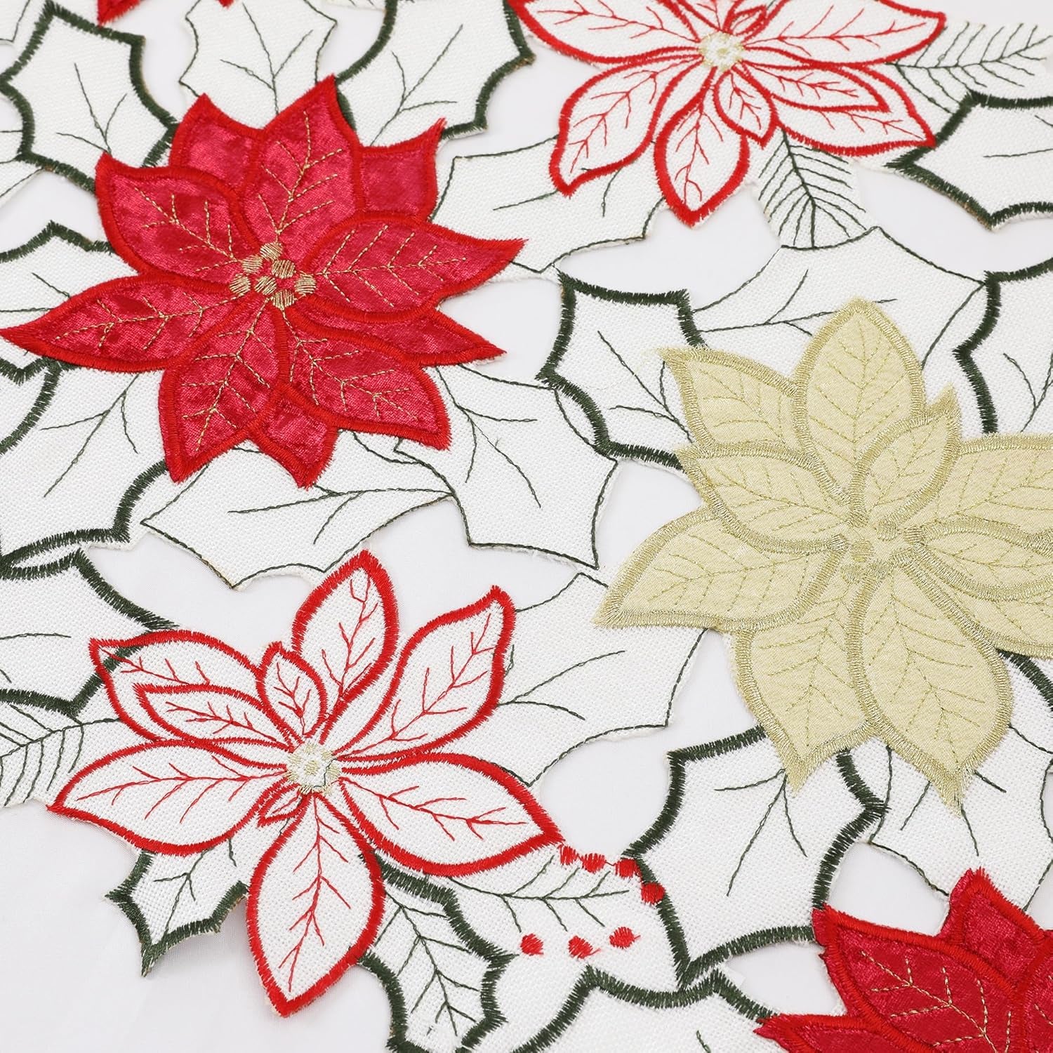 Christmas Linen Textured Table Runner 14X72 Inches Long, Embroidered Red Poinsettia Flower Table Runner for Christmas, Xmas Dresser Scarves Holiday Parties Kitchen Farmhouse Dinner Decor