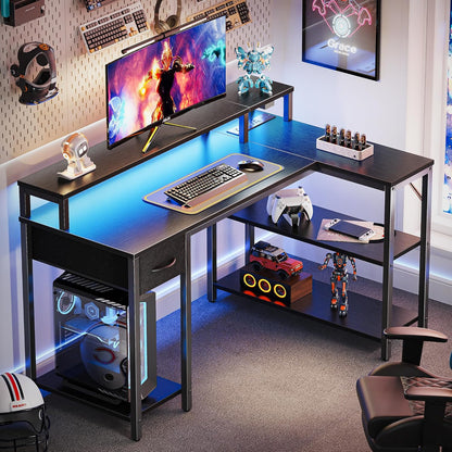 47-Inch Reversible L-Shaped Computer Desk with LED Lighting, Power Outlets, Shelves, Monitor Stand, Drawer, and Corner Design for Home Office and Gaming, Black
