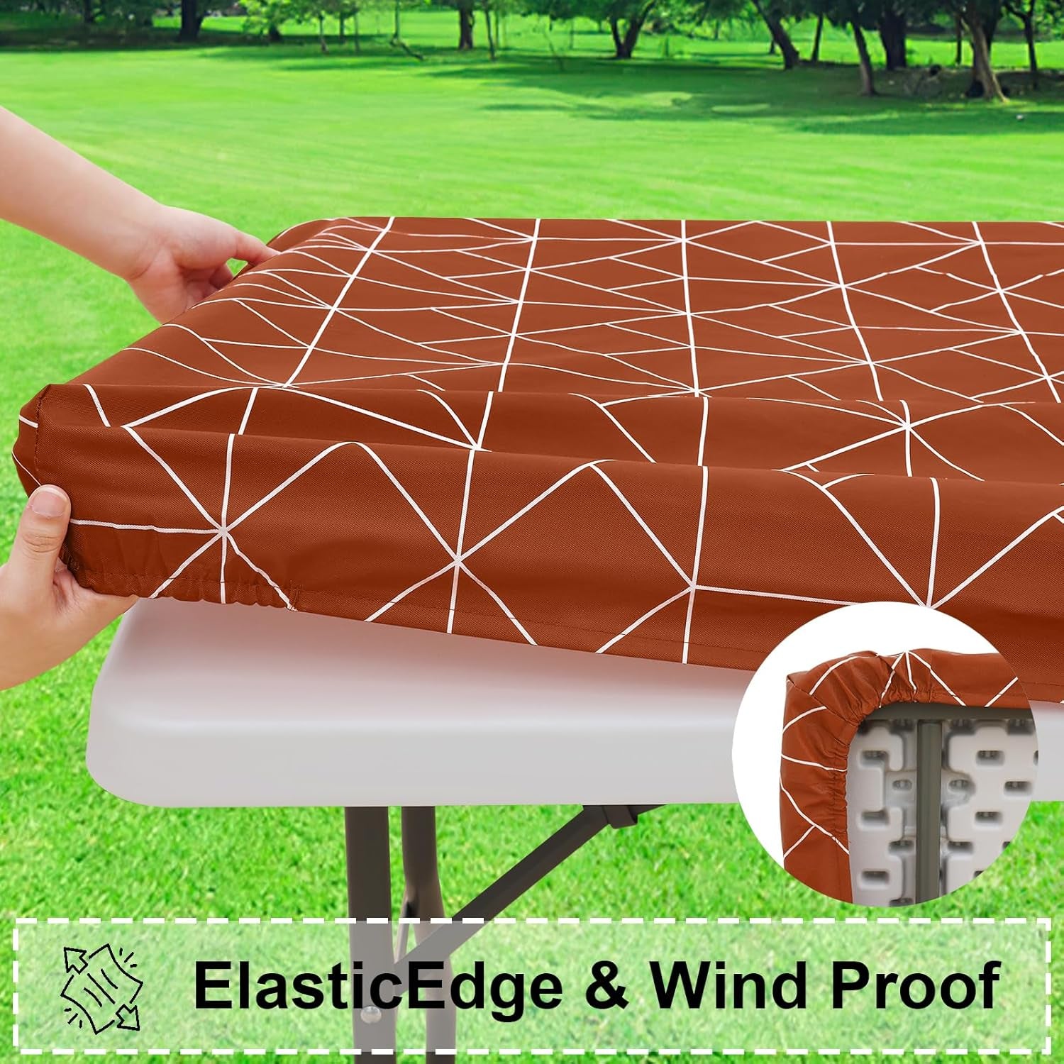Rectangle Vinyl Tablecloth, 4 Foot Elastic Fitted Table Cover with Flannel Backing, 100% Waterproof Plastic Table Cloth for Picnic, Camping, Outdoor (Rust, 30X48 Inch)