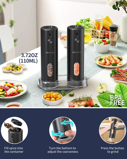 Rechargeable Electric Salt and Pepper Grinder Set with Base, Automatic Pepper Mills with 110Ml Container, External Adjustable Coarseness, White Led Light and One-Handed Operation, Black