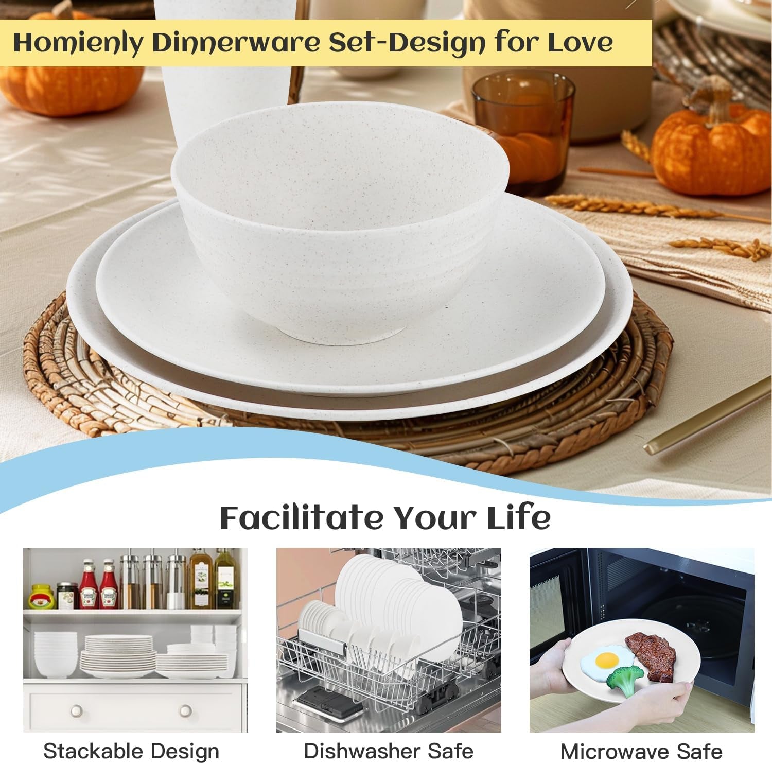Wheat Straw 40-Piece Dinnerware Set for 8 - Includes Dinner Plates, Dessert Plates, Cereal Bowls, Cups, and Appetizer Plates - Reusable White Dish Set for Kids and Adults