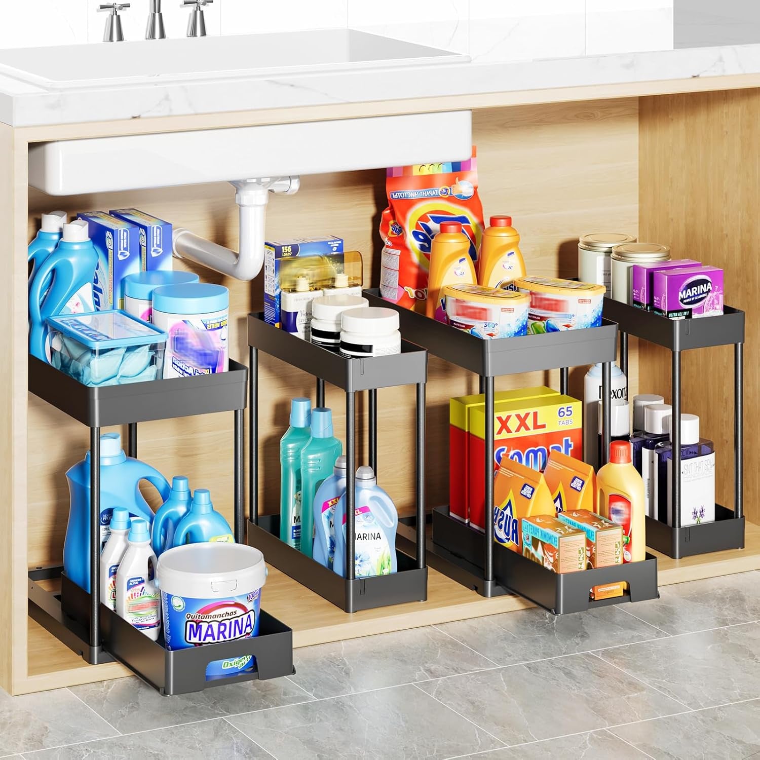 4 Pack under Sink Organizers and Storage, 2 Tier Black Bathroom Cabinet Organizer, Multi-Use Kitchen Bathroom Organizers and Storage