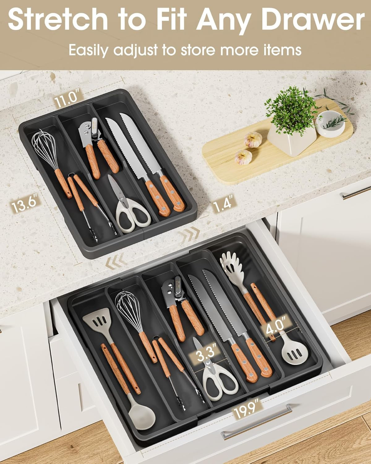 Silverware Organizer - Expandable Utensil Drawer Organizer with Non-Slip Pads, Adjustable Kitchen Drawer Organizer for Home, Apartment and Kitchen Essentials, Black, 13.6" X 1.4" X 11.0"~19.9"