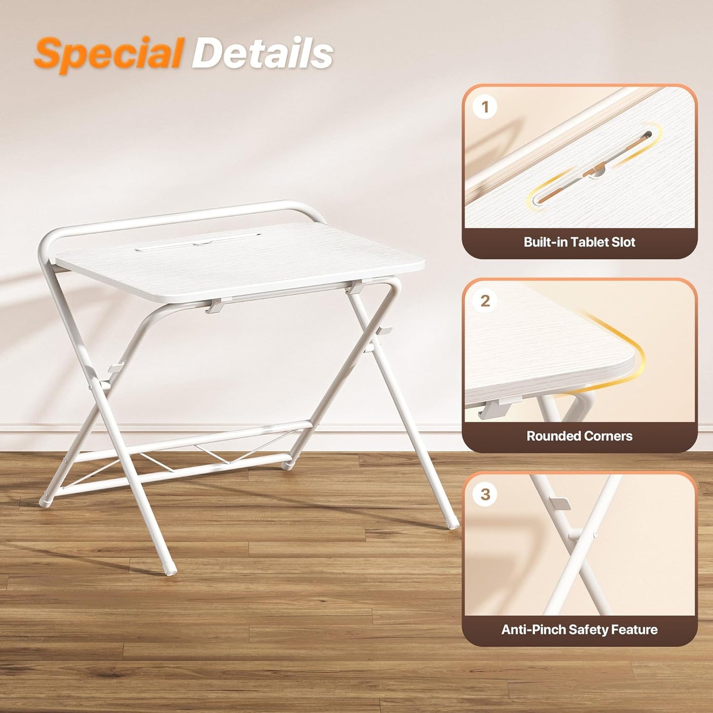 Folding Desk with Adjustable Height and Tablet Slot, 24-Inch Space-Saving Computer Desk for Home Office, Bedroom, and Study, White