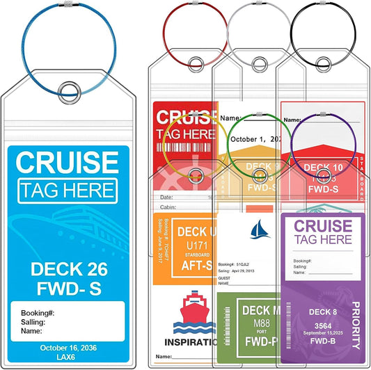 7 Pack Cruise Luggage Tag Holder for Carnival, Princess, MSC, NCL, Clear Cruise Tags Holder - Waterproof, Reusable, Zip Seal, Cruise Essentials