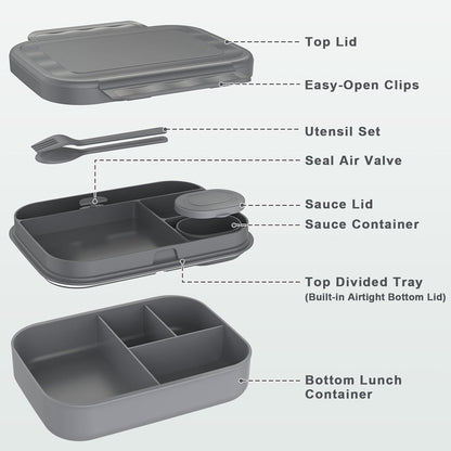 Stackable Bento Lunch Box for Adults and Teens - Durable Leak-Proof 4-Compartment Container with Utensils and Sauce Container, BPA-Free, Dishwasher and Microwave Safe, 47 Oz (Dark Gray)