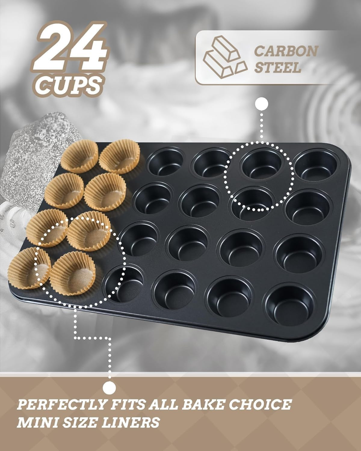 Mini Muffin Pan Includes 200 Natural Cupcake Liners, Mini Cupcake Pans Nonstick 24 Cup, Muffin Tin, Carbon Steel Baking Supplies
