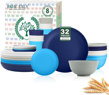 32-Piece Unbreakable Wheat Straw Dinnerware Set - Microwave and Dishwasher Safe Lightweight Plates and Bowls for Kitchen, Camping, and Parties - Island Series