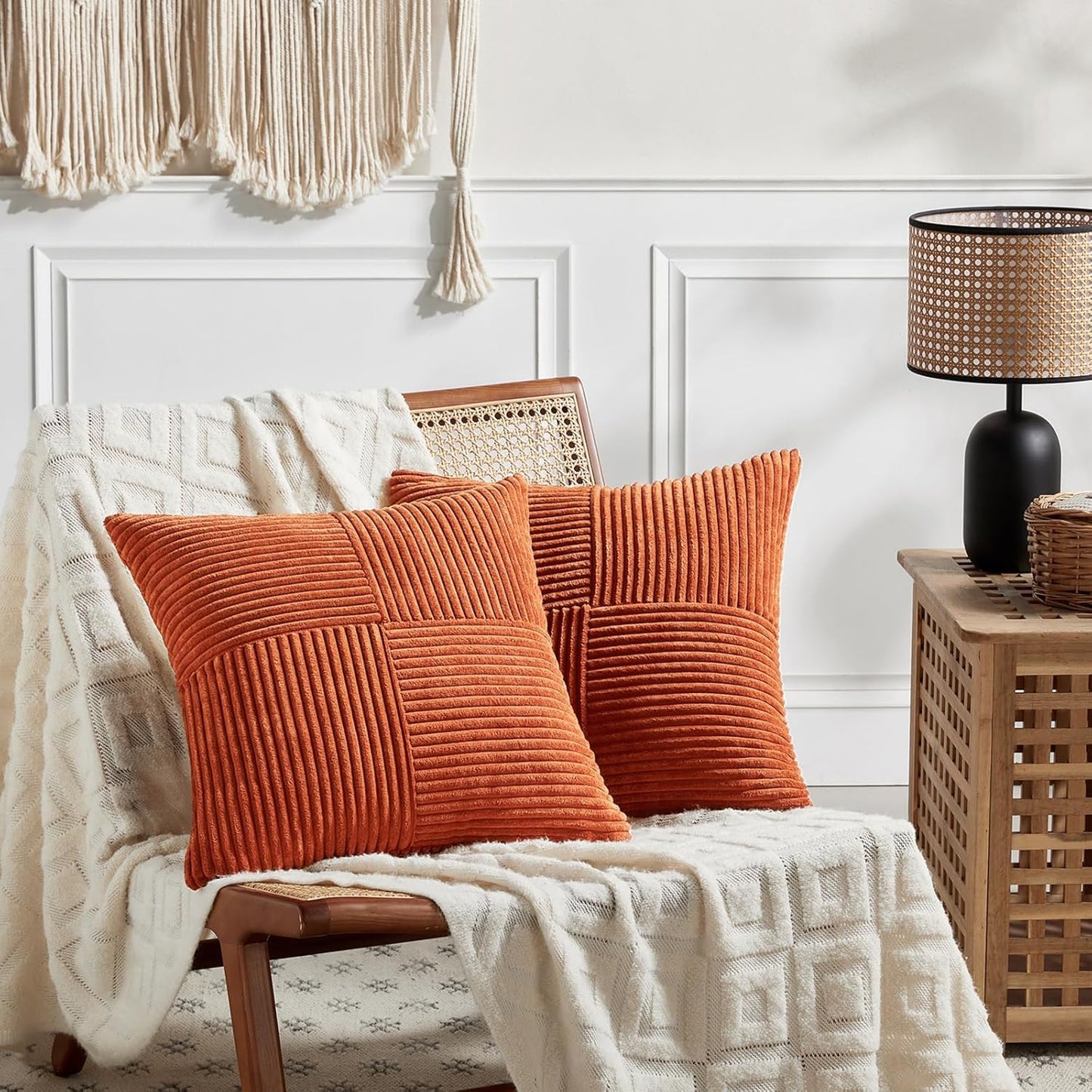 Set of 4 Burnt Orange Decorative Throw Pillow Covers 18X18 Inch for Living Room Couch Bed, Boho Farmhouse Fall Home Decor, Soft Textured Corduroy Cross Patchwork Cushion Case 45X45 Cm