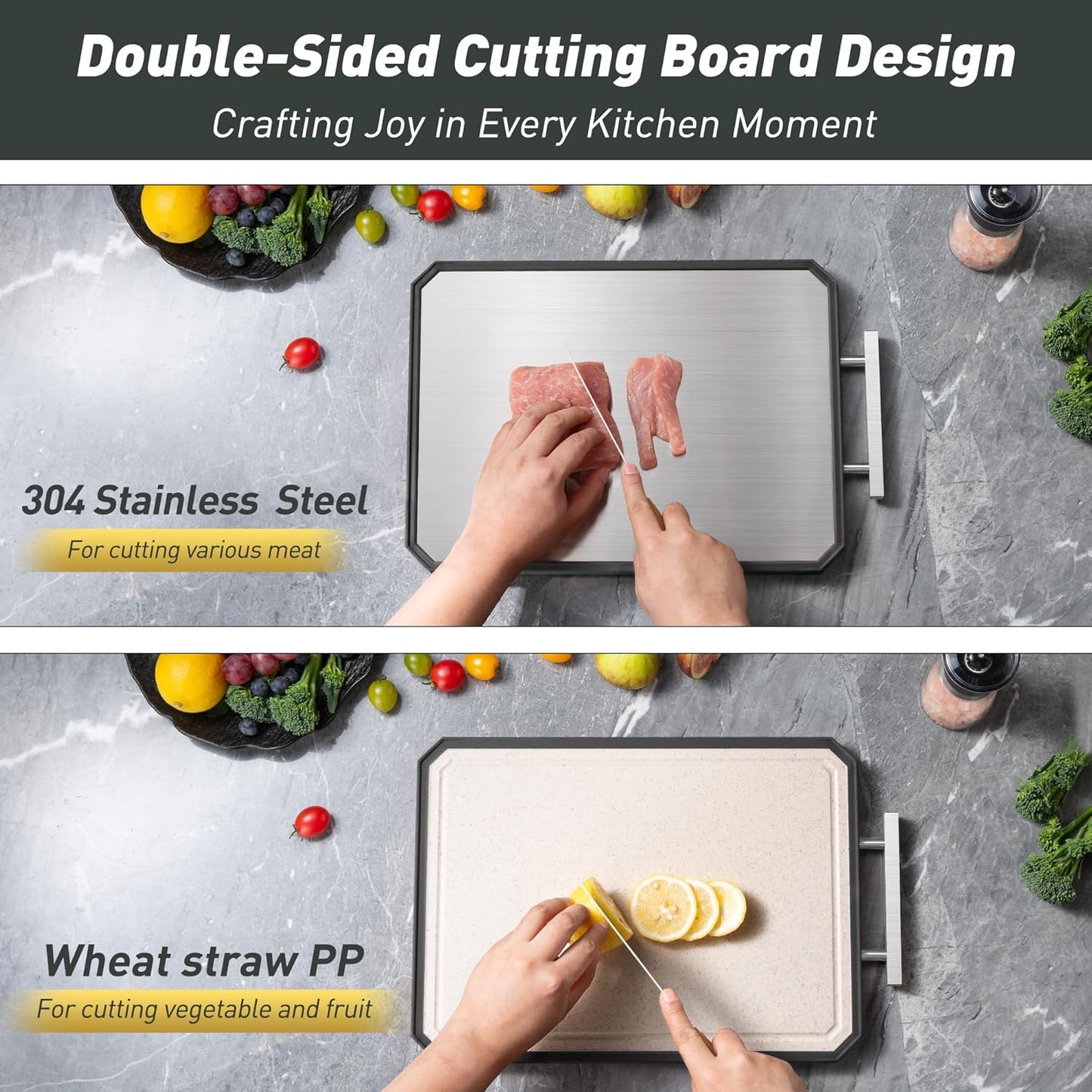2 in 1 Stainless Steel Cutting Board with Handle Chopping Large Big Small Metal Carving Kitchen Meat Butcher Block Not Titanium Wood Bamboo Glass Marble Stone Rubber Plastic Silicone Acrylic Teak Sink
