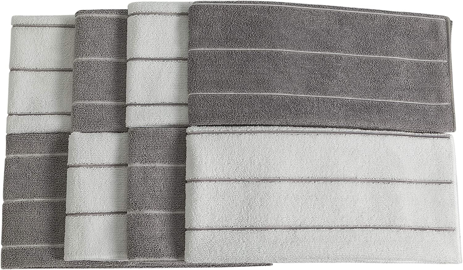 Microfiber Kitchen Towels - Super Absorbent, Soft and Solid Color Dish Towels, 8 Pack (Stripe Designed Grey and White Colors), 26 X 18 Inch