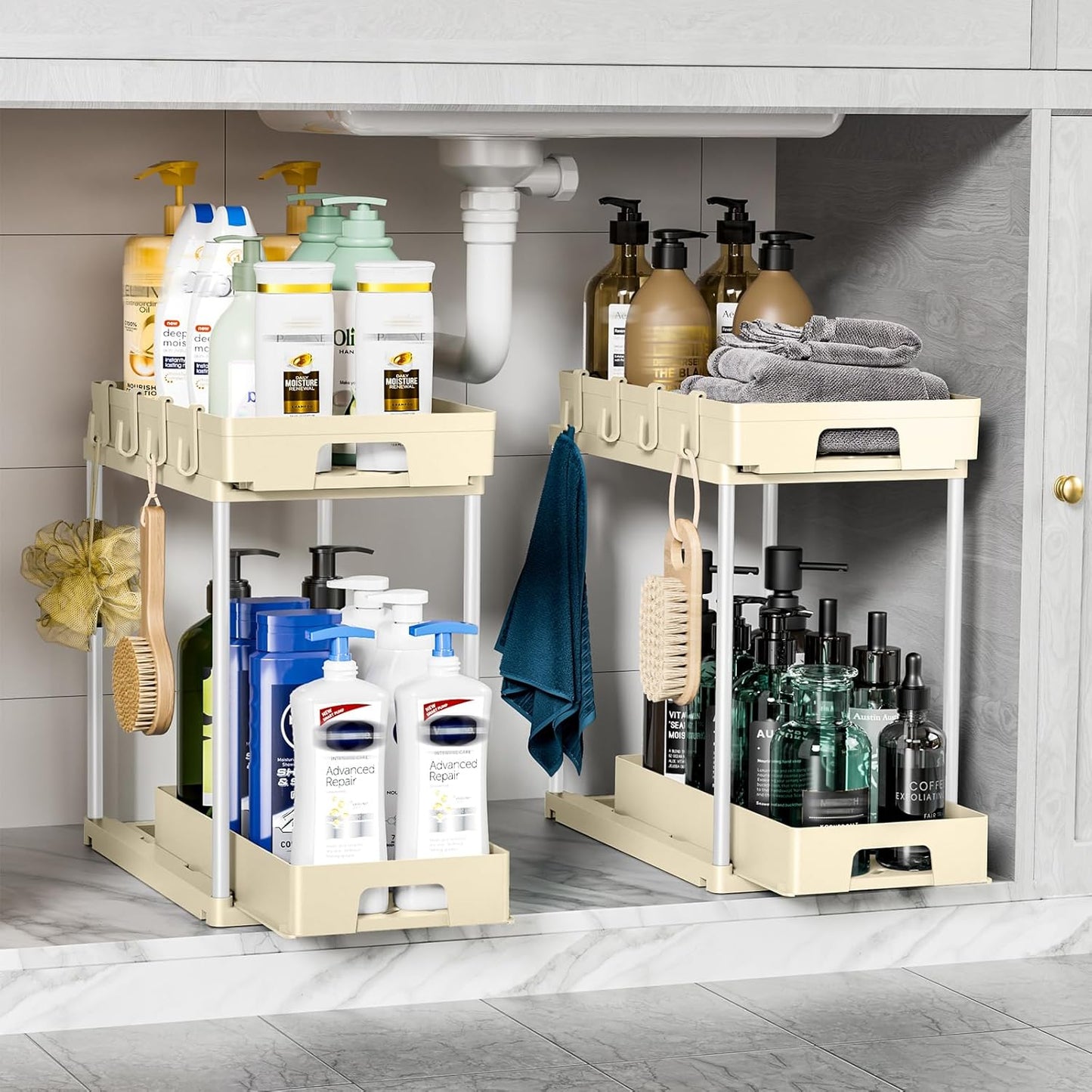 under Sink Organizers and Storage, 2 Pack Pull Out Kitchen Bathroom Cabinet Organizer, 2 Tier Beige under Sink Storage for Bathroom Kitchen