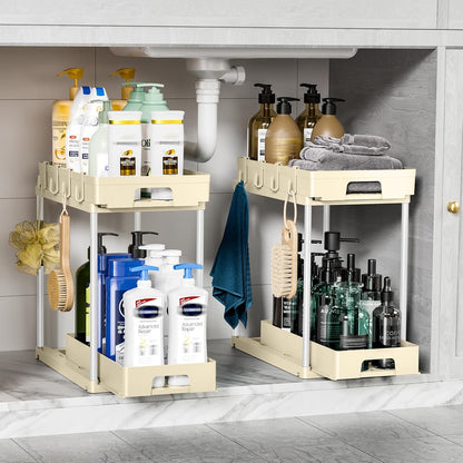 under Sink Organizers and Storage, 2 Pack Pull Out Kitchen Bathroom Cabinet Organizer, 2 Tier Beige under Sink Storage for Bathroom Kitchen