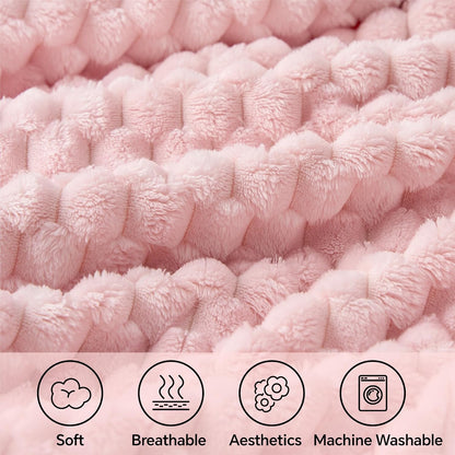 2 Pieces 3D Ribbed Jacquard Soft and Warm Decorative Fuzzy Blankets, Pink, 50X60In