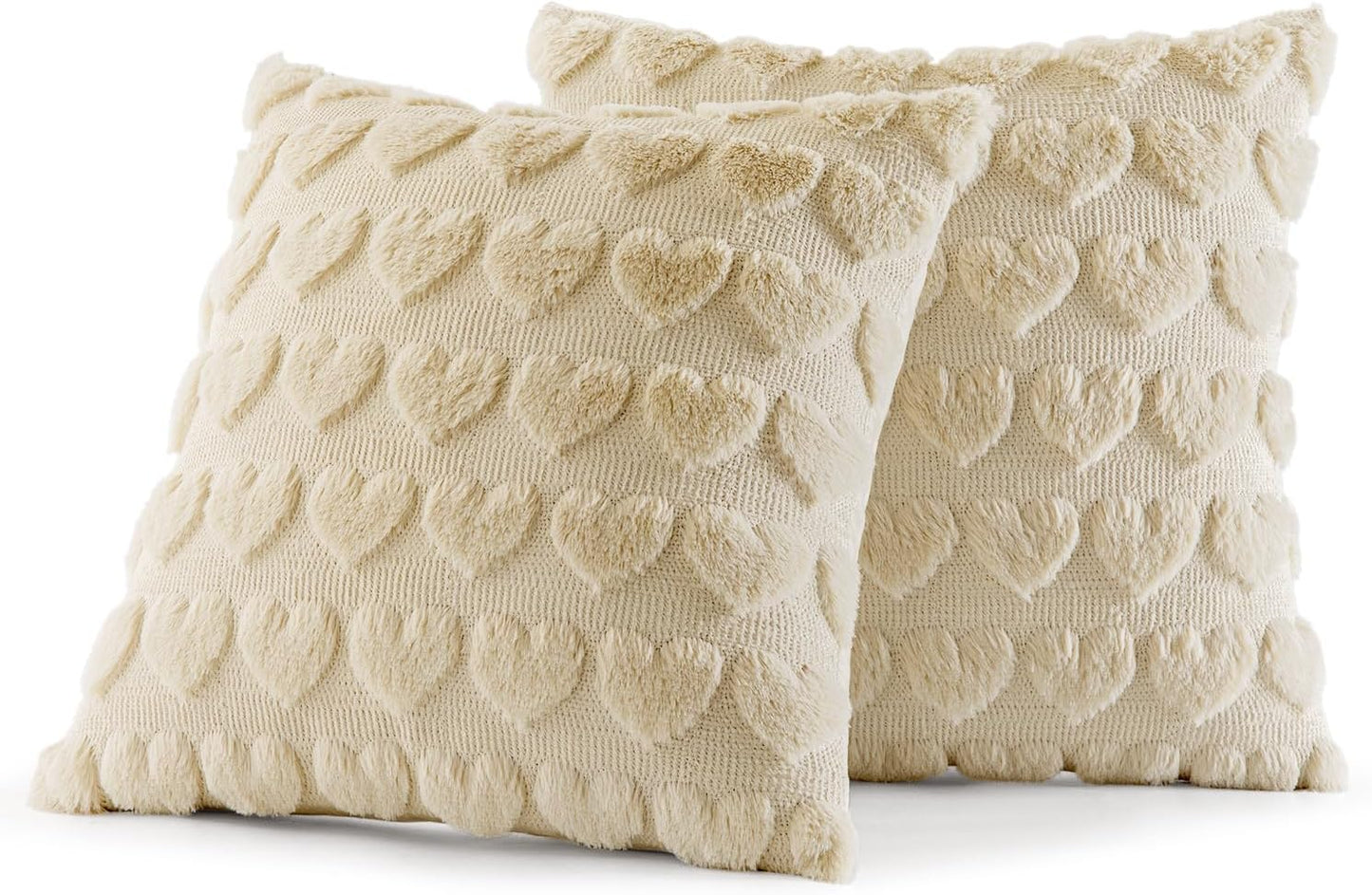 Set of 2 Beige Mothers Day Valentines Pillow Covers Heart Love Decorative Cute Throw Pillows 18X18 Inch Soft Plush Faux Wool Farmhouse for Spring Sofa Livingroom Bed
