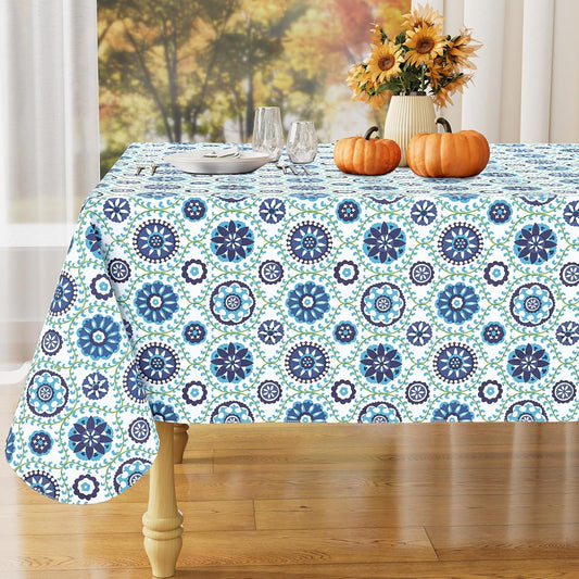 Rectangle Waterproof Vinyl Table Cloth, Wipeable Tablecloth with Flannel Backing, Plastic Table Cover for Dinner, Picnic, Indoor and Outdoor (Navy Mandala, 60" X 84")