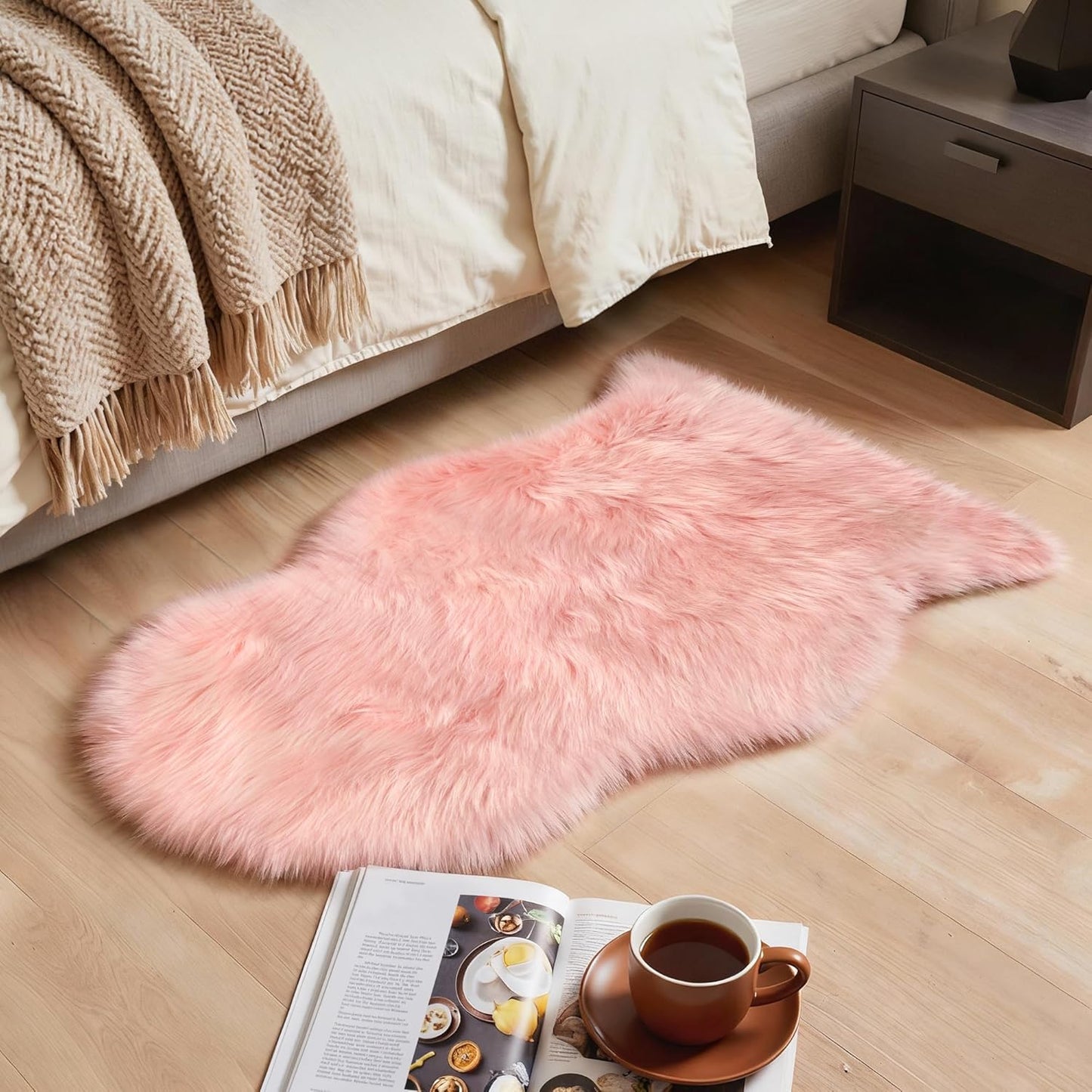 2X3 Fluffy Faux Fur Rug, Ultra Soft Shaggy Sheepskin Rug, High Pile Suede Backed Plush Area Rugs for Bedroom Living Room Indoor Floor Chair Cover Sofa, Pink