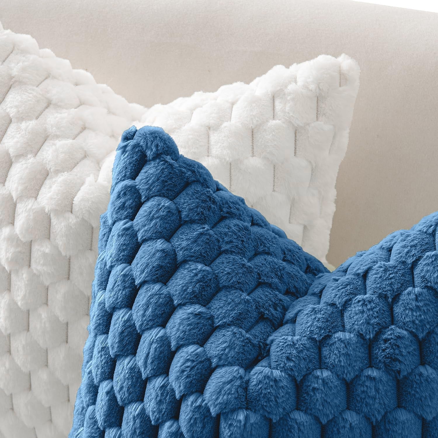 Navy Blue Faux Fur Decorative Throw Pillow Covers 18X18 Inch Set of 2 Super Soft Cozy Plush Cushion Cases Luxury Fluffy Pillowcases for Sofa Couch Bed Living Room