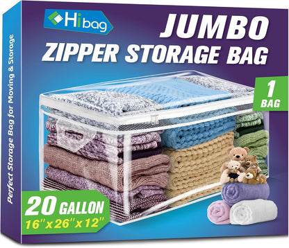 20 Gallon Large Storage Bag for Clothes, Zipper Clothing Storage Bag, Clear Organizer with Reinforced Handles, for Comforters Blankets Pillows Bedding (1 Pack)
