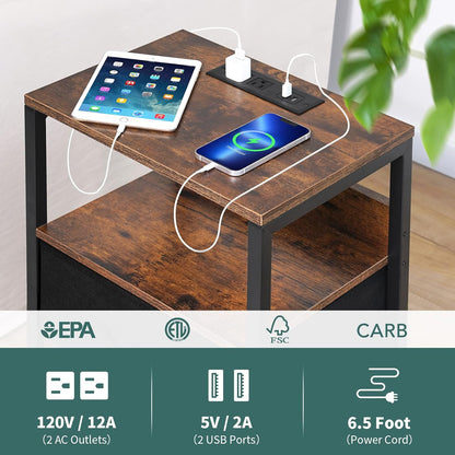 Nightstand with Charging Station, Small Night Stand with Fabric Drawers and Storage Shelf for Bedrooms, Nightstands for Small Spaces, Bedside Table with USB Ports & Outlets, Bed Side Table