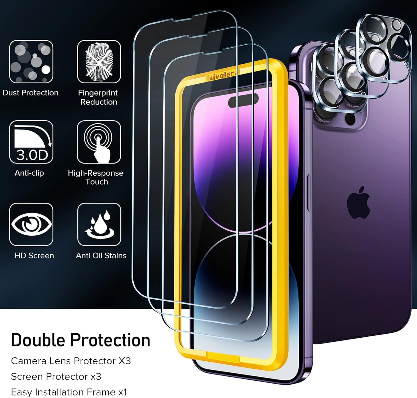 Tempered Glass for Iphone 14 Pro Max Screen Protector 6.7'' [3 Pack] with [3 Pack] Camera Lens Protector with [Alignment Frame], Anti-Scratch Case Friendly Transparent HD Clear Film