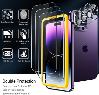 Tempered Glass for Iphone 14 Pro Max Screen Protector 6.7'' [3 Pack] with [3 Pack] Camera Lens Protector with [Alignment Frame], Anti-Scratch Case Friendly Transparent HD Clear Film