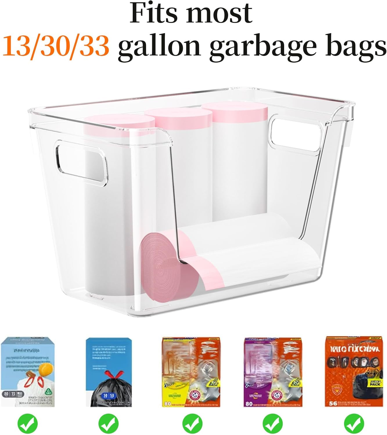 2 Pack Trash Bag Dispenser with Bamboo Lid,Clear Plastic Garbage Bag Organizer for 4-33 Gal Bags,Space-Saving under Sink Organizer for Kitchen, Laundry, Pantry