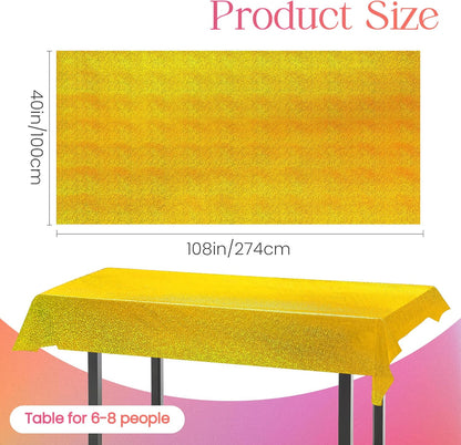 Gold Holographic Tablecloths - Set of 2, 40" x 108", Laser Shiny Plastic Glitter Foil Covers for Christmas, Weddings, Graduations, Baby Showers, 1920s Birthday Parties, and Anniversaries