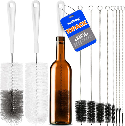 10 Pack Bottle Brush Cleaner Set, 15" Long Handle Bottle Cleaner Brush, Flexible Long Handle Water Bottle Brush for Narrow Neck Beer Wine, 8 Straws, Abrasive Spiral Brushes, White Grey