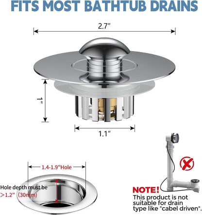 Universal Bathtub Drain Stopper, Tub Stopper Bathtub Drain, Pop up Tub Drain Hair Catcher, Replaces Bath Tub Lift and Turn, Tip-Toe and Trip Lever