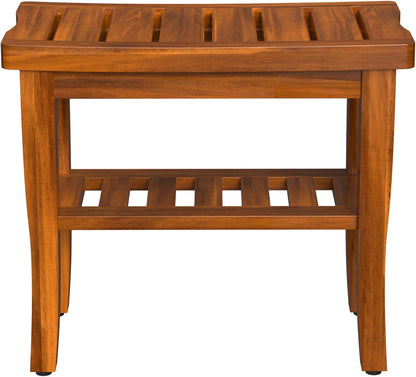 Teak Wood Shower Bench Stool with Storage Shelf, Wooden Waterproof Bathroom Spa Bathing Teak Shower Stool with Non-Slip Feet Gadget 2024 for Indoor or Outdoor Shower Chair Seat Organizer