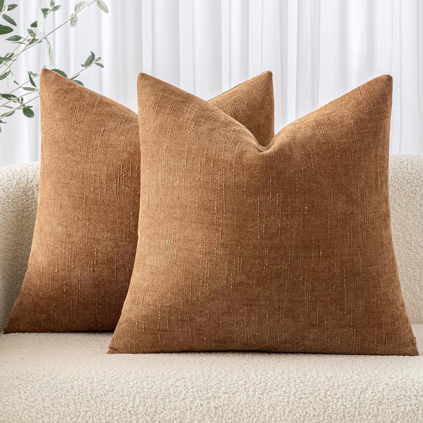 Pack of 2 Decorative Throw Pillow Covers Soft Chenille Throw Pillows Solid Neutral Farmhouse Textured Cushion Covers for Couch Sofa Bedroom Living Room 18X18 Inch, Brown