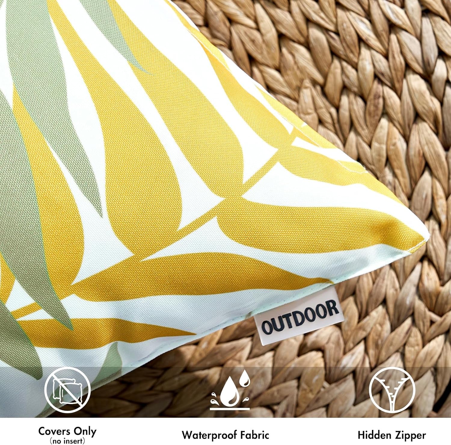 Pack of 2 Decorative Outdoor Waterproof Throw Pillow Covers Patio Pillow Cases Natural Leaves Pattern Spring Square Cushion Shams Shell for Garden Balcony Couch 16X16 Inch, Green&Yellow