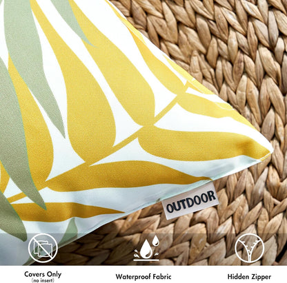 Pack of 2 Decorative Outdoor Waterproof Throw Pillow Covers Patio Pillow Cases Natural Leaves Pattern Spring Square Cushion Shams Shell for Garden Balcony Couch 16X16 Inch, Green&Yellow
