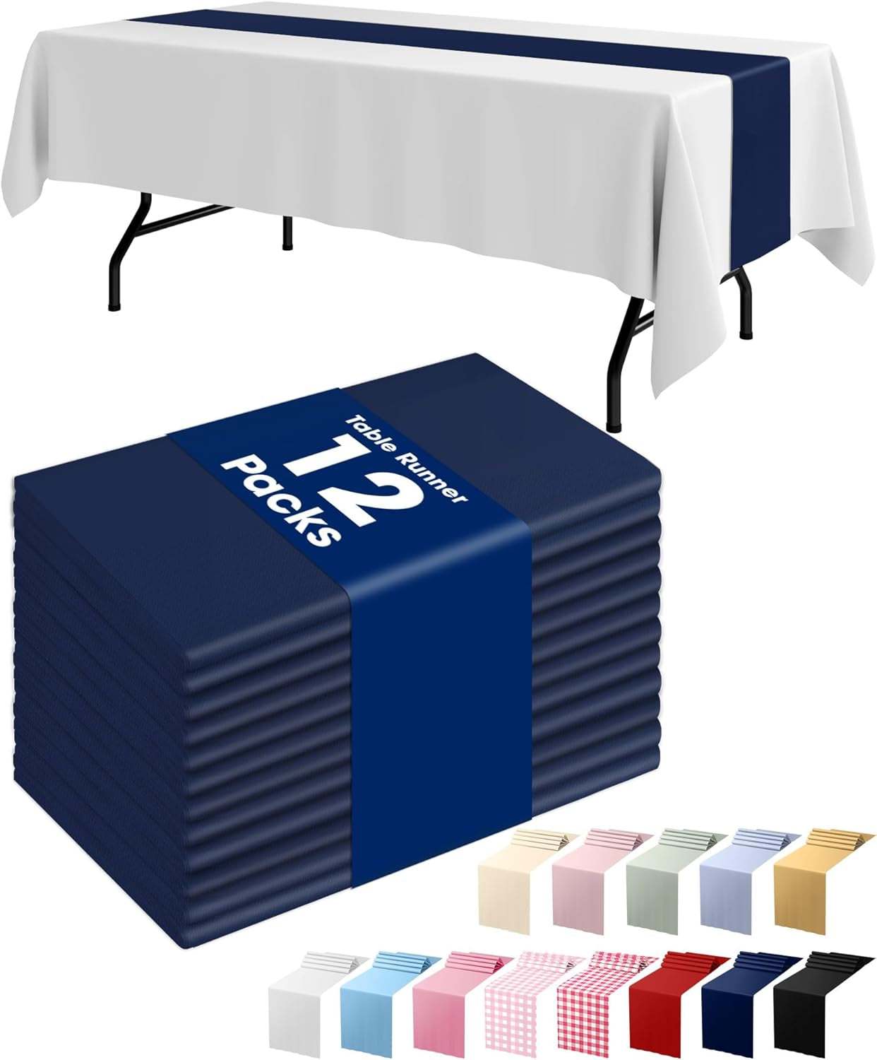 Navy Blue Plastic Table Runners - 12 Pack, 14'' X 108'', Water Resistant & Disposable Centerpiece Decorations for Table Cloth, Wedding, Birthday, Holiday, Baby Shower, Party, Home Decor