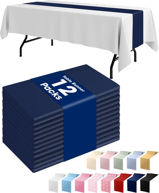 Navy Blue Plastic Table Runners - 12 Pack, 14'' X 108'', Water Resistant & Disposable Centerpiece Decorations for Table Cloth, Wedding, Birthday, Holiday, Baby Shower, Party, Home Decor