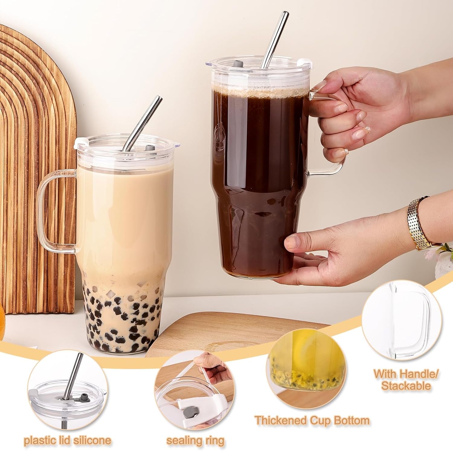 33Oz Glass Tumbler with Lid and Straw, 4 Pack Glass Cup with Handle, Iced Coffee Cups, Thick Drinking Glasses Set, Clear Travel Mug for Hot and Cold Beverage, Drinks, Tea, Smoothie