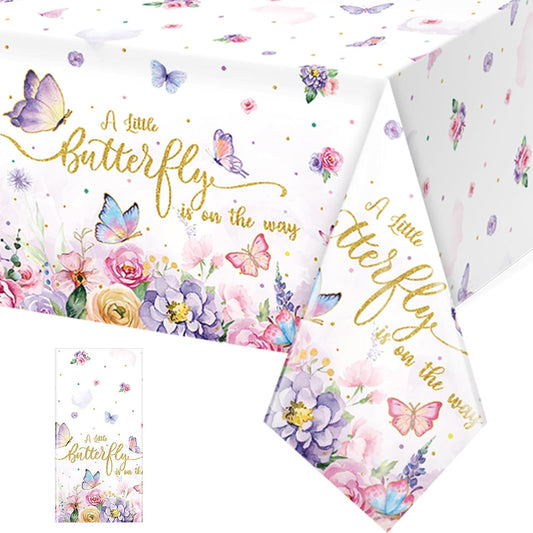 1 Pack Butterfly Baby Shower Tablecloth, Little Butterfly Is on the Way Baby Shower Decorations, Plastic Disposable Rectangle Watercolor Spring Themed Tablecloth Backdrop Party Decorations