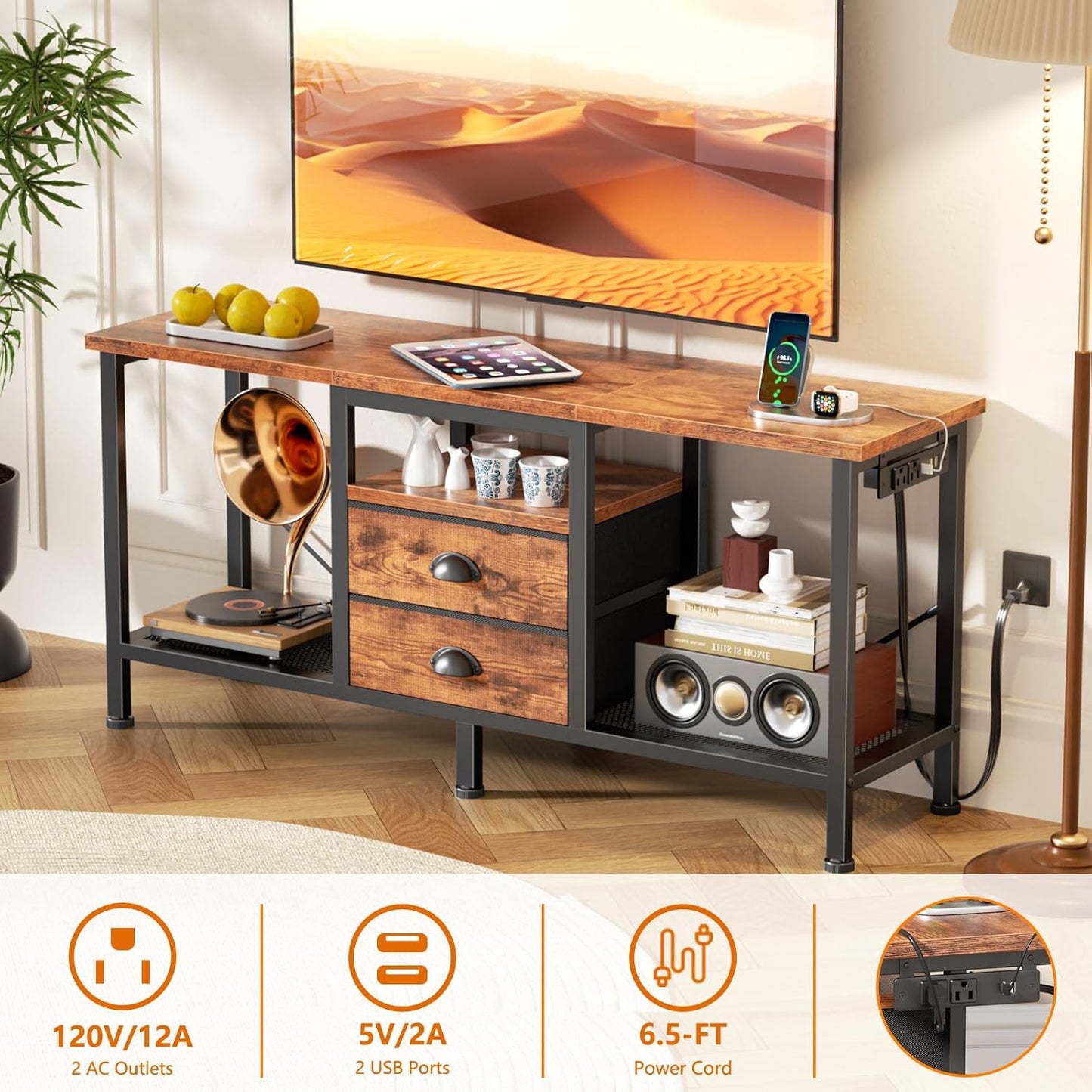 TV Stand with Power Outlets and 2 Fabric Drawers, 42 Inch Small Entertainment Center with Open Storage Shelves, Simple TV Console Table for Bedroom, Living Room, Rustic Brown