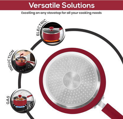 Nonstick Stock Pot Saucepan Set with Lids, 1 Quart and 2 Quarts Multipurpose Stock Pots Set for Home, Kitchen or Restaurant, Red & Black