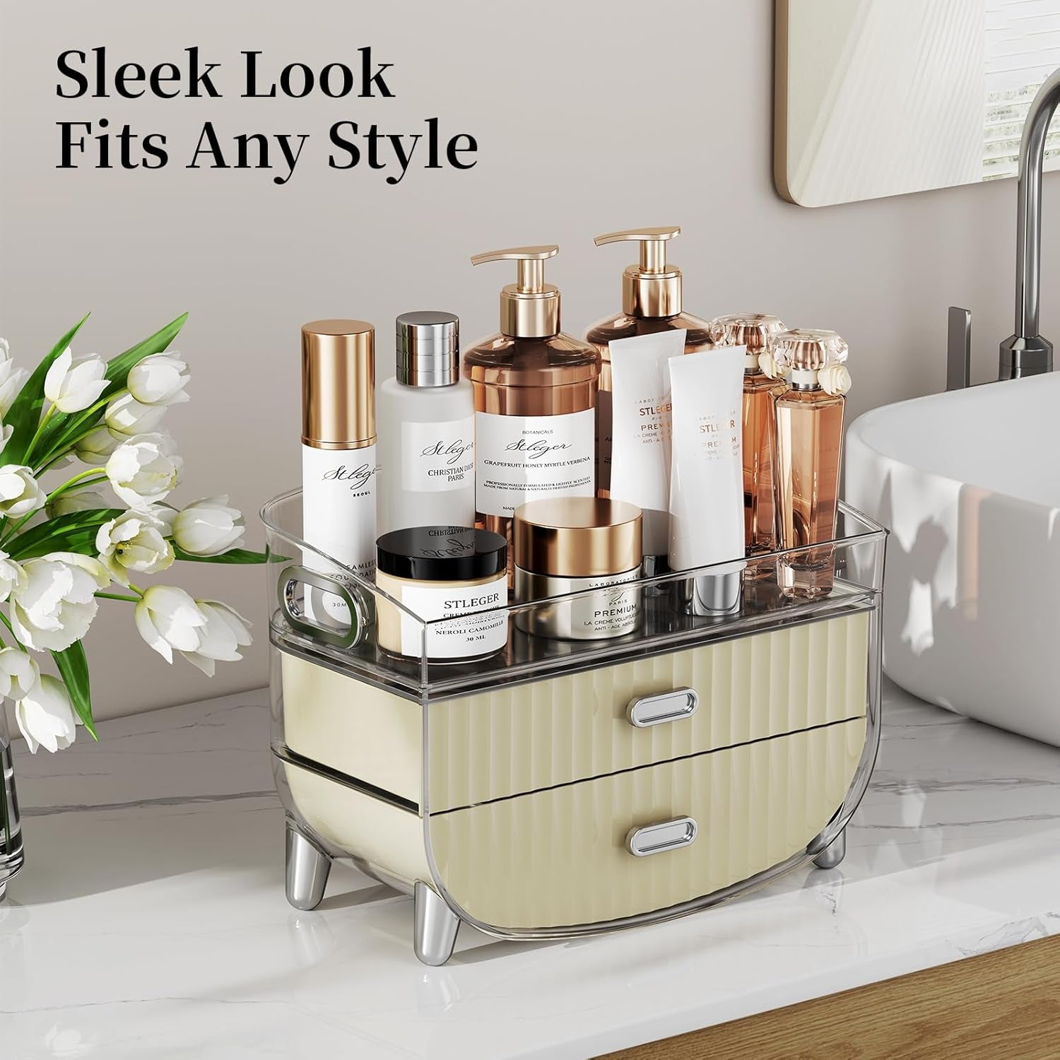 Makeup Organizer with 2 Drawers, Bathroom Storage with Four Non-Slip Feet and Dust-Proof, Simple and Stylish for Desktop, Vanity, Bathroom Countertops, White