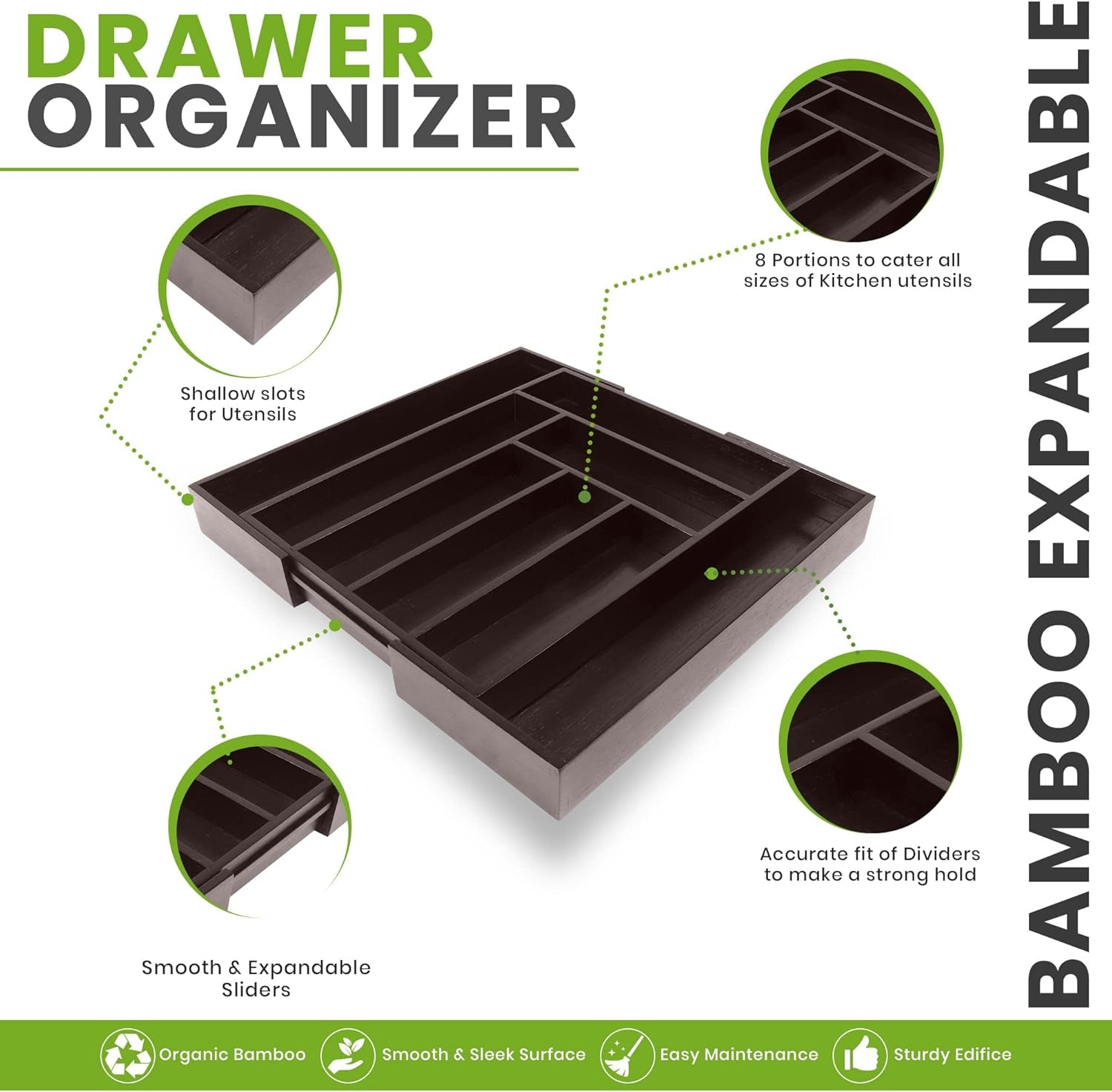 Expandable Drawer Organizer, Adjustable Kitchen Drawer Organizer, Bamboo Drawer Dividers Organizer for Kitchen, Silverware, Flatware, Living Room (Brown, 6-8 Compartment (1-Pack))