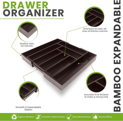 Expandable Drawer Organizer, Adjustable Kitchen Drawer Organizer, Bamboo Drawer Dividers Organizer for Kitchen, Silverware, Flatware, Living Room (Brown, 6-8 Compartment (1-Pack))