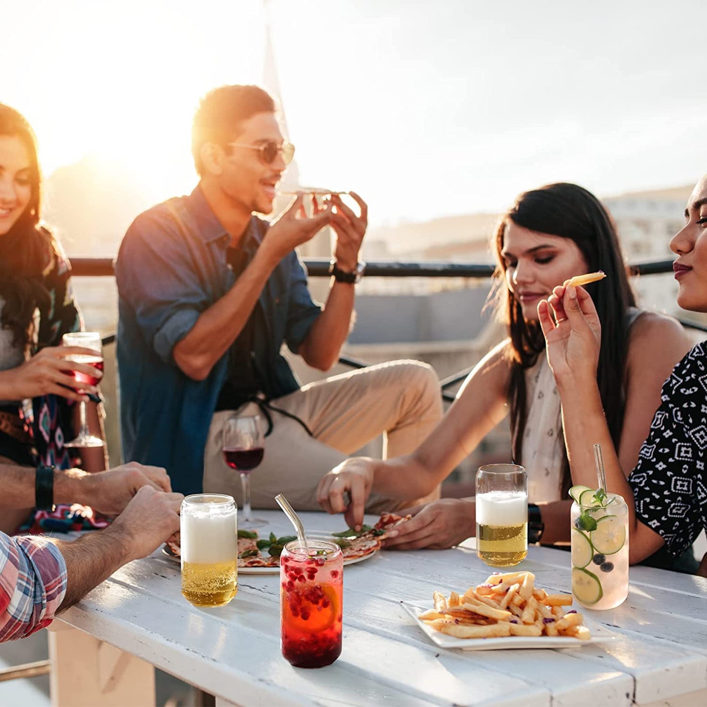 Drinking Glasses with Glass Straw 4Pcs Set - 16Oz Highball Glass Cups, Beer Glasses, Iced Coffee Glasses, Cute Tumbler Cup, Ideal for Whiskey, Soda, Tea, Water, Gift, 2 Brushes