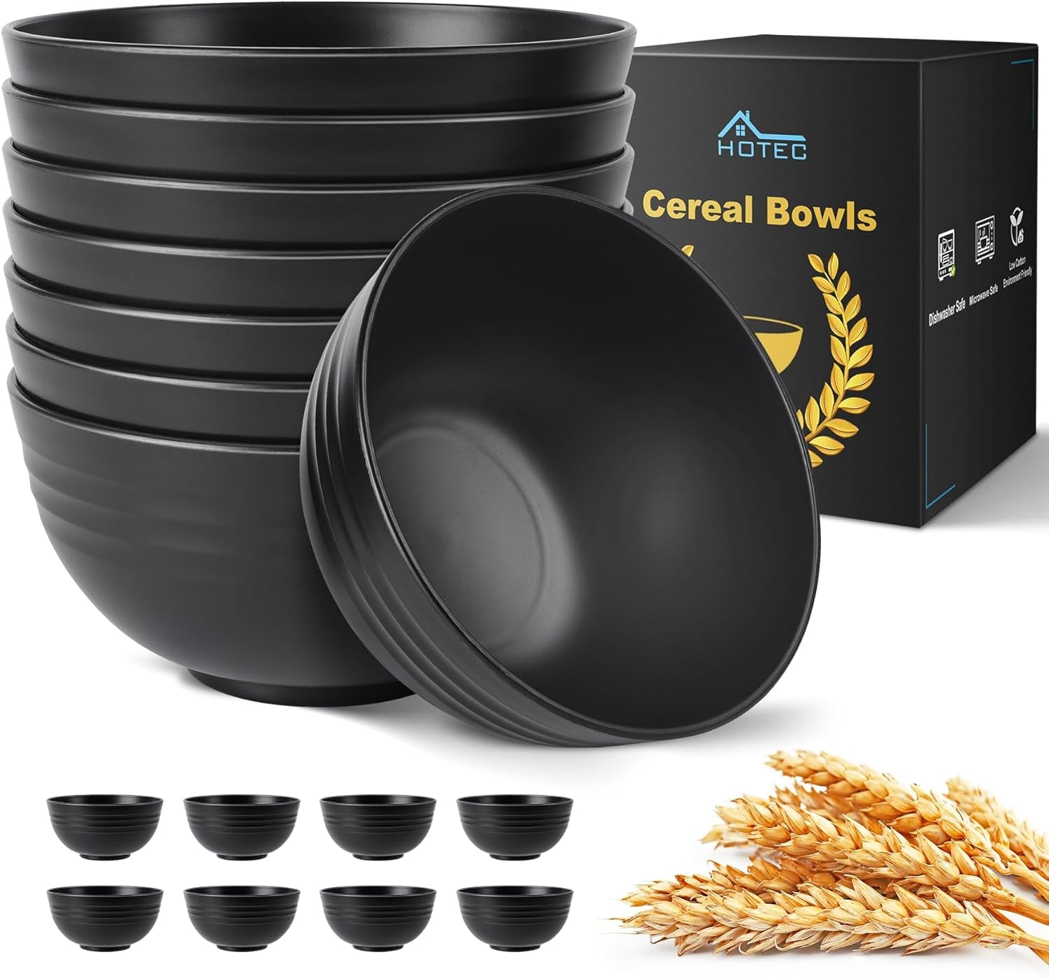 BPA Free Unbreakable Wheat Straw Cereal Bowls - Microwave & Dishwasher Safe Soup and Salad Bowls, Set of 8, 26Oz, Black