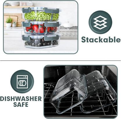 10-Pack 30 OZ Glass Meal Prep Containers with 2 Compartments, Airtight Lids, Microwave, Oven, Freezer, and Dishwasher Safe, Grey