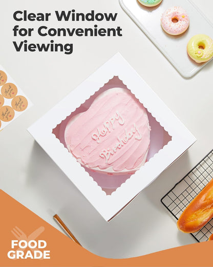 24Pcs Cake Boxes with Window, 10 X 10 X 5 Inches Bakery Boxes Treat Cookie Dessert Boxes Pastry Box for Cake, Chocolate Covered Strawberries, Cupcakes, Donuts, Baked Goods