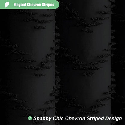Boho Farmhouse Shower Curtain, Black Fabric Tufted Chevron Striped Textured Tassel Shower Curtains for Bathroom, Water Repellent, Minimalist Ruffled Cloth Shower Curtain Set with Hook, 72X72